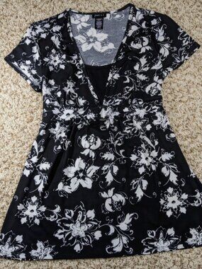 JOEI & I Womens Size XL Black and White Floral Print Sleeved Dress Y2K 2000s